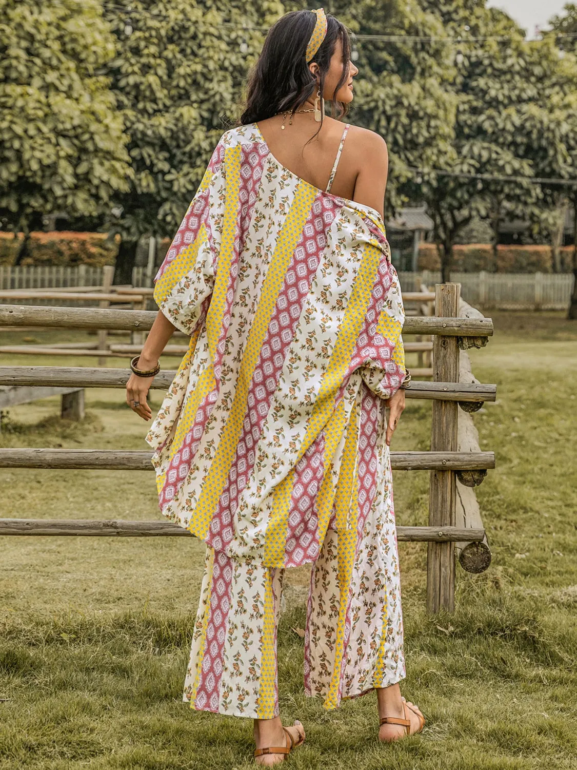 Boho Outfit Set Women's Sexy Crop Top Kimono and Wide Leg Pants Fashion Three Piece Set