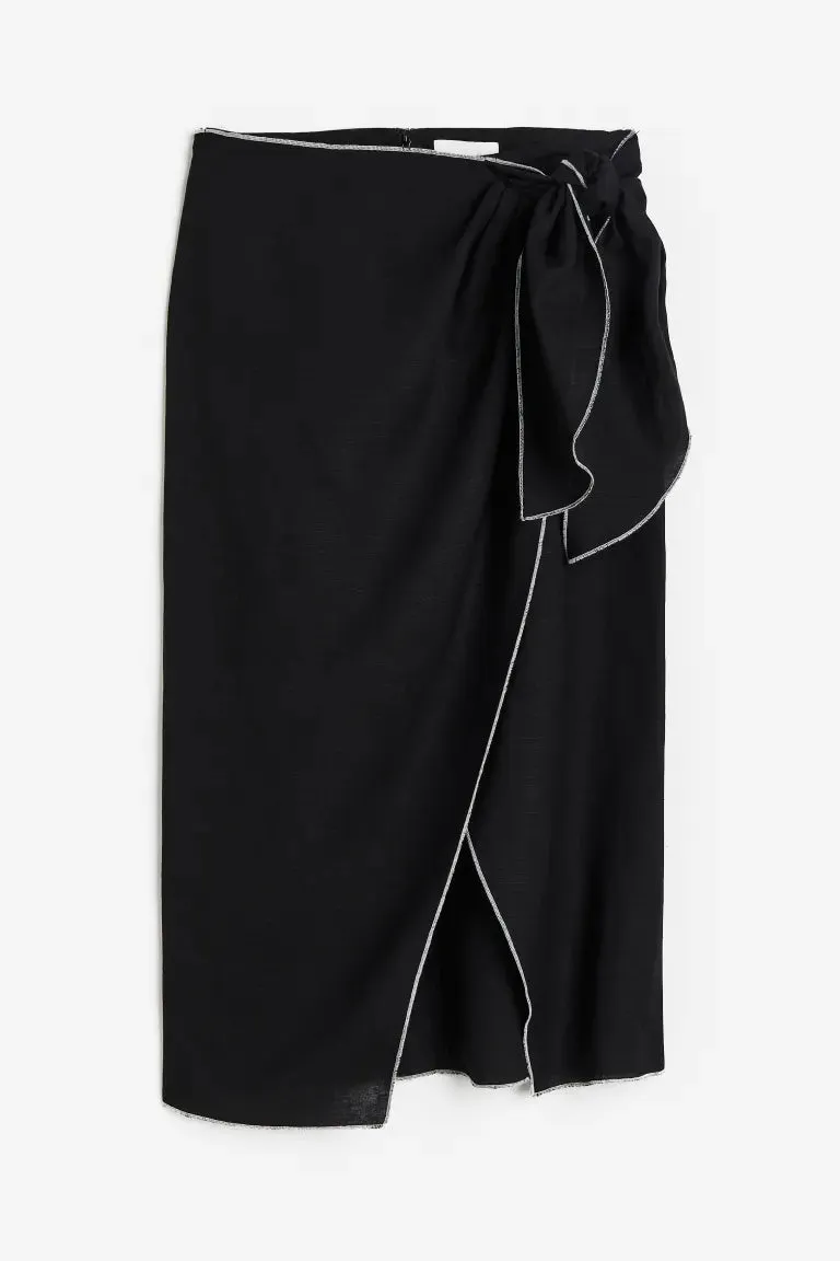 H&M linen blend front wrap skirt, black
