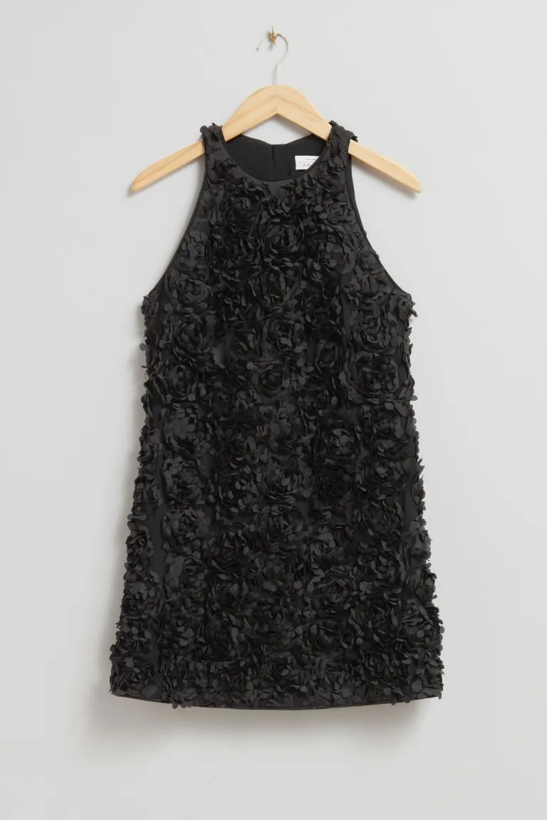 H&M mini dress with floral appliqués, black